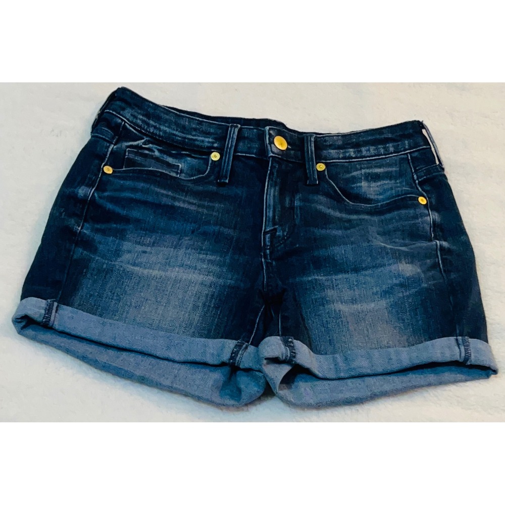Mossimo Denim High Rise Midi Shorts Dark Wash Cuffed Stretch Size 2 26 Waist